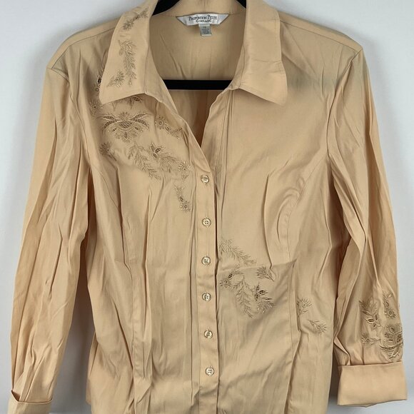 Conrad C Top Blouse Size 12 Beige Floral Long Sleeve Collared Button Down - Picture 1 of 9